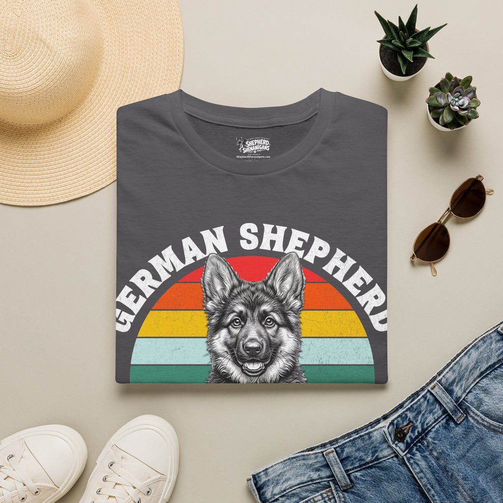 Charcoal gray T-shirt with German shepherd puppy rainbow graphic front