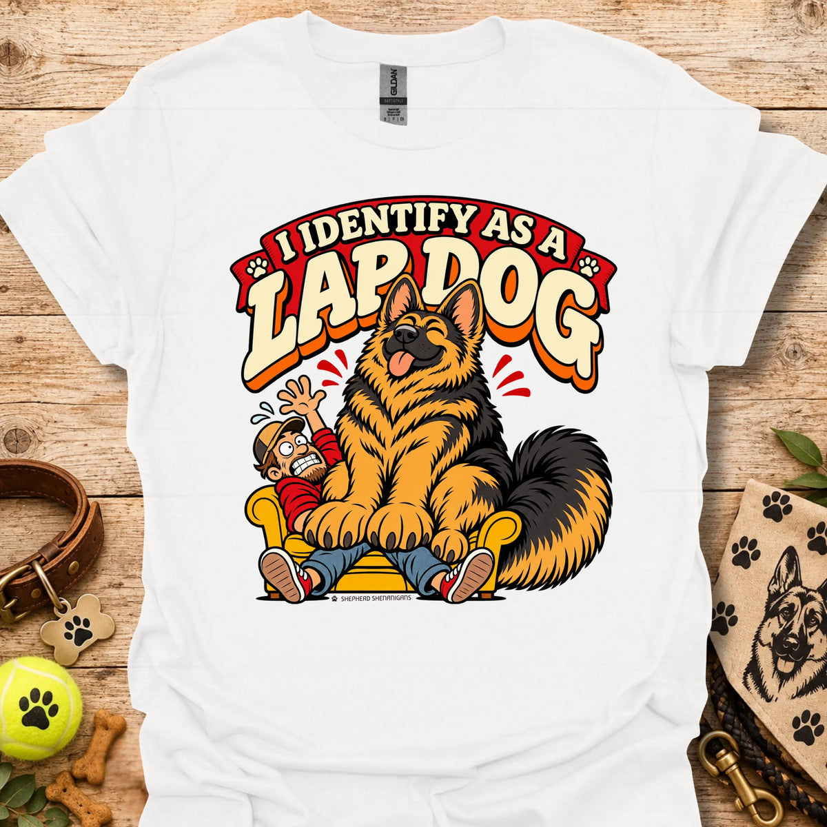 White T-shirt with a cartoon lapdog graphic and "I Identify as a Lapdog" text