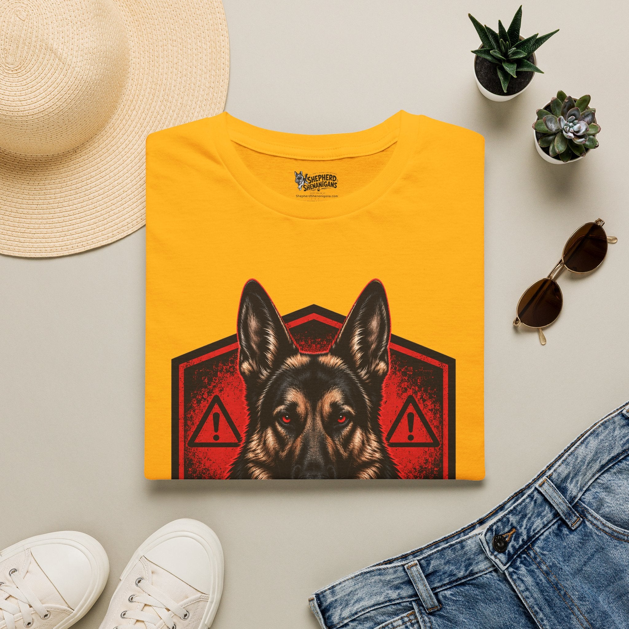 Gold/yellow t-shirt with front German shepherd graphic in red and black