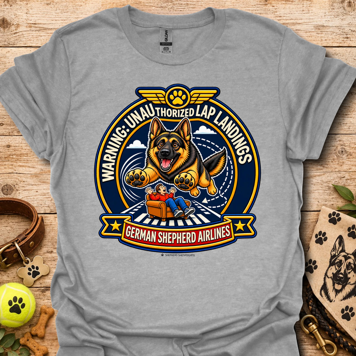 Sport grey T-shirt with a German shepherd airline badge graphic and lap-landing warning