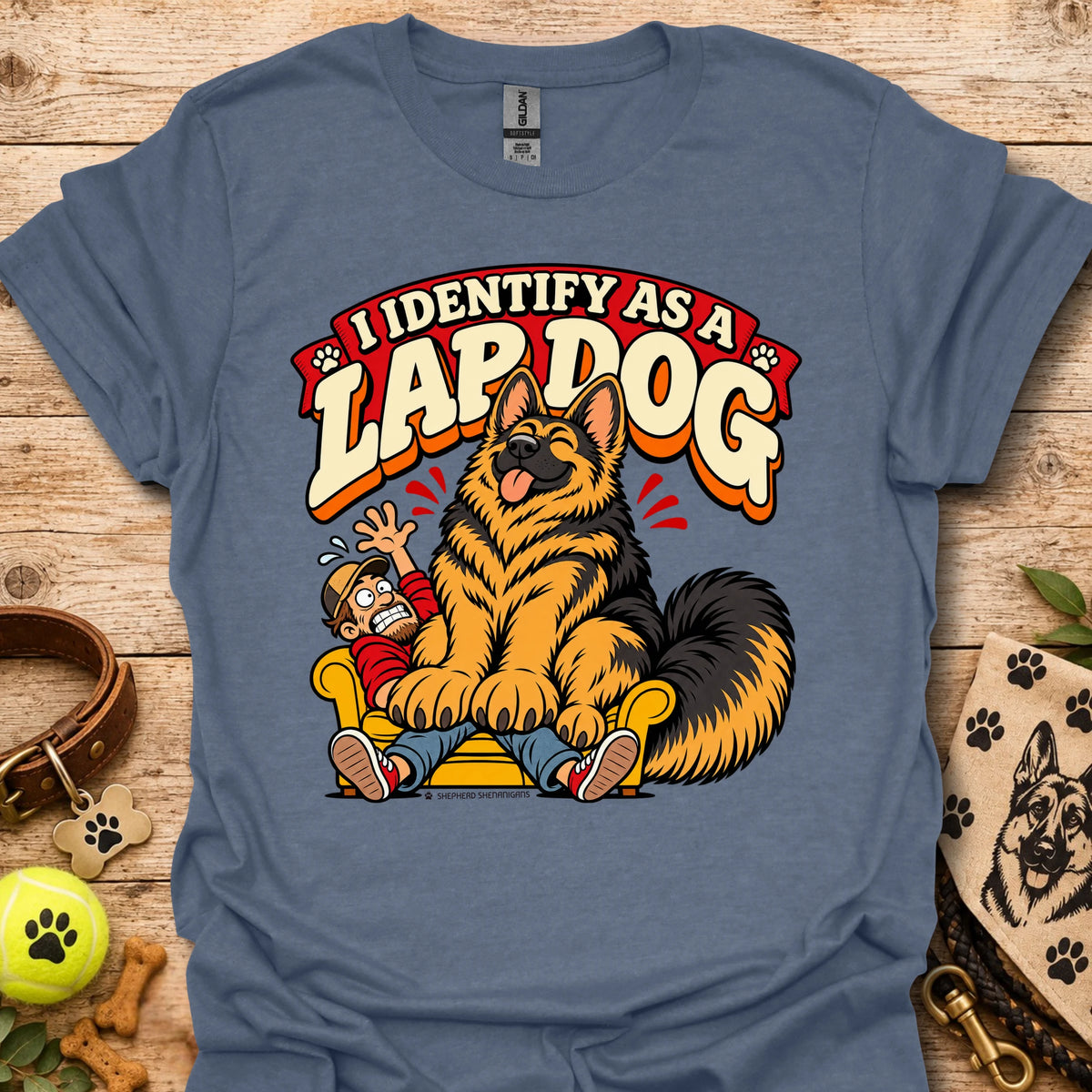 Heather indigo T-shirt with a cartoon lapdog graphic and "I Identify as a Lapdog" text