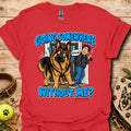 Red T-shirt with a German shepherd and man graphic and blue lettering