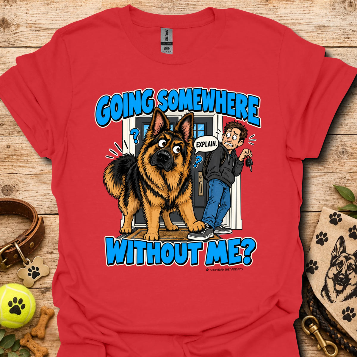 Red T-shirt with a German shepherd and man graphic and blue lettering