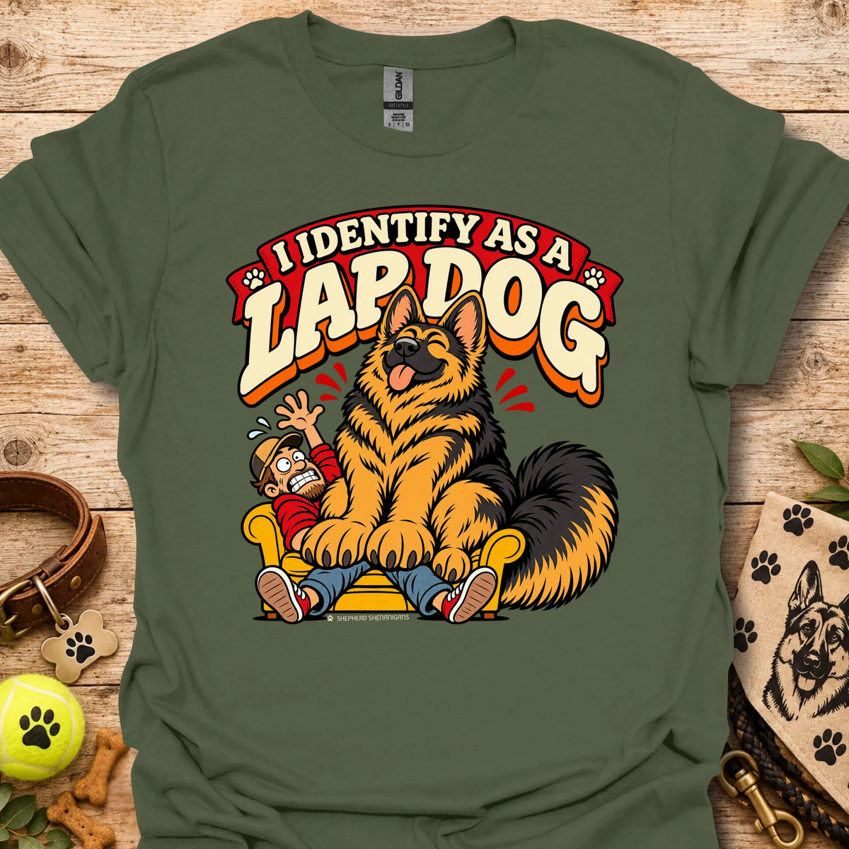 Military green T-shirt with a cartoon lapdog graphic and "I Identify as a Lapdog" text