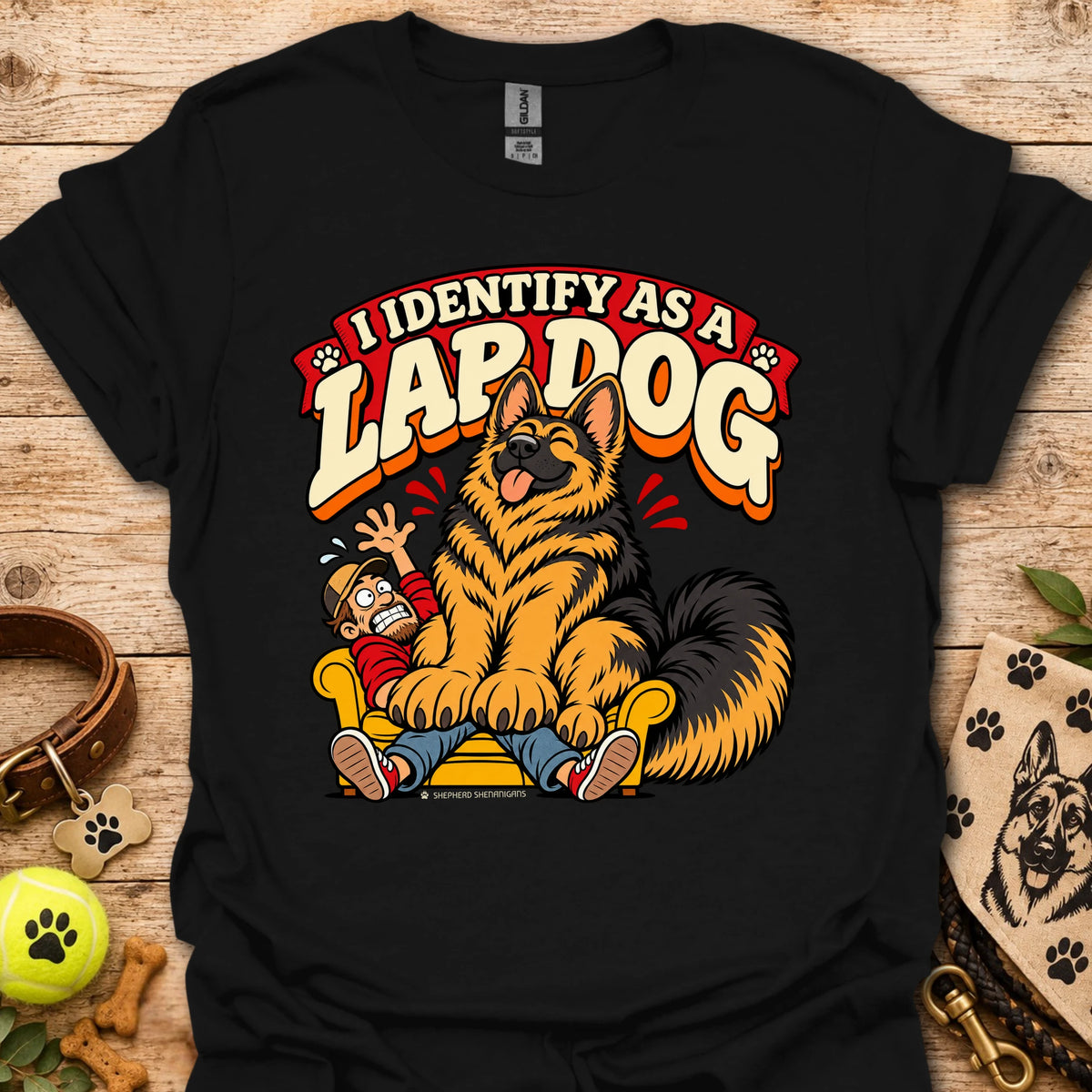 Black T-shirt with a cartoon lapdog graphic and "I Identify as a Lapdog" text