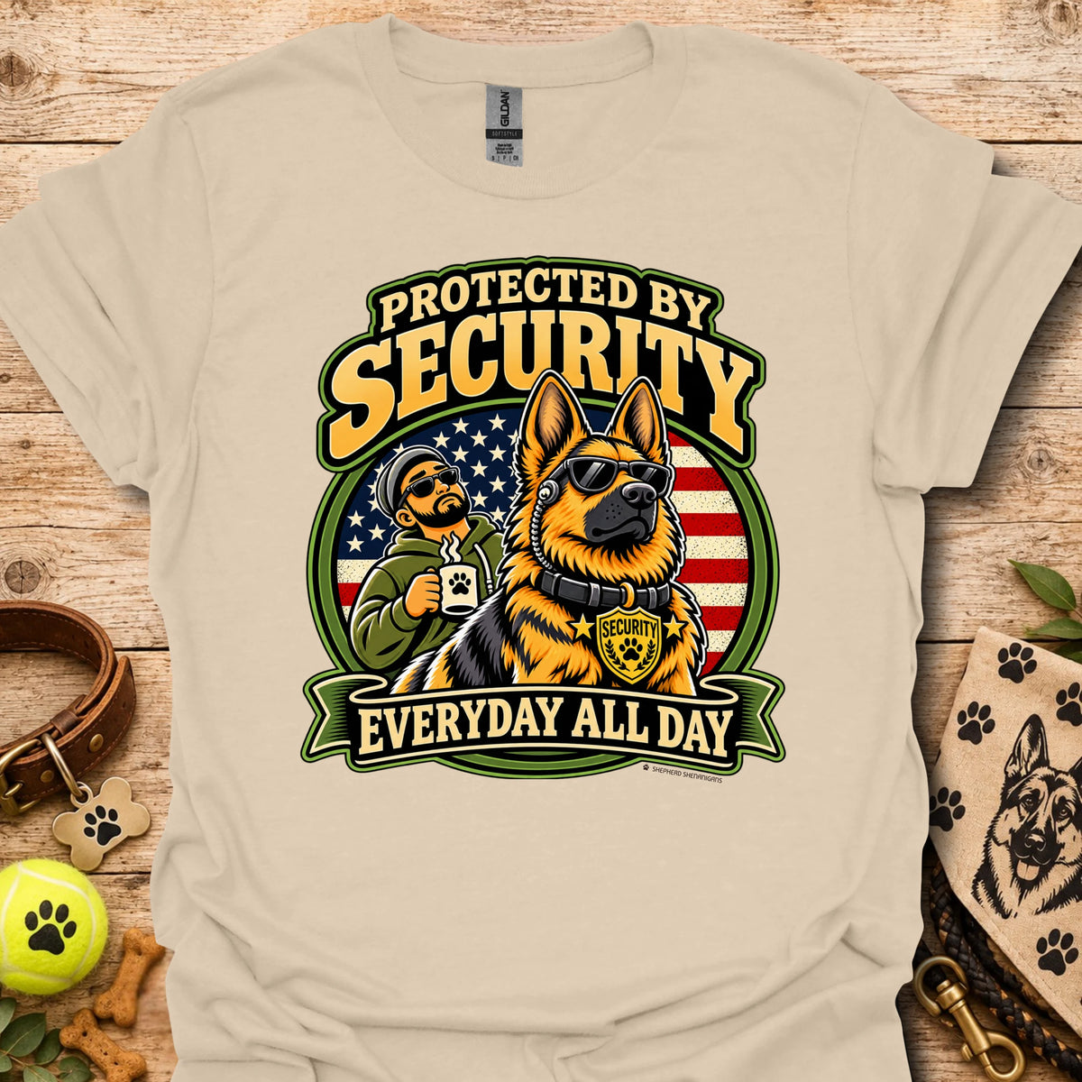Sand Protected By Security T-shirt with security dog and handler graphic
