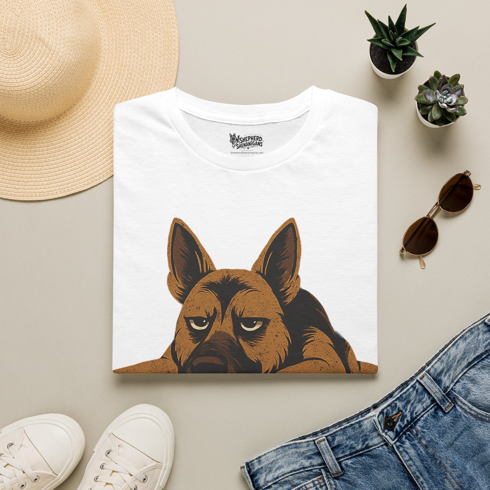 White crewneck t-shirt with German shepherd graphic face print