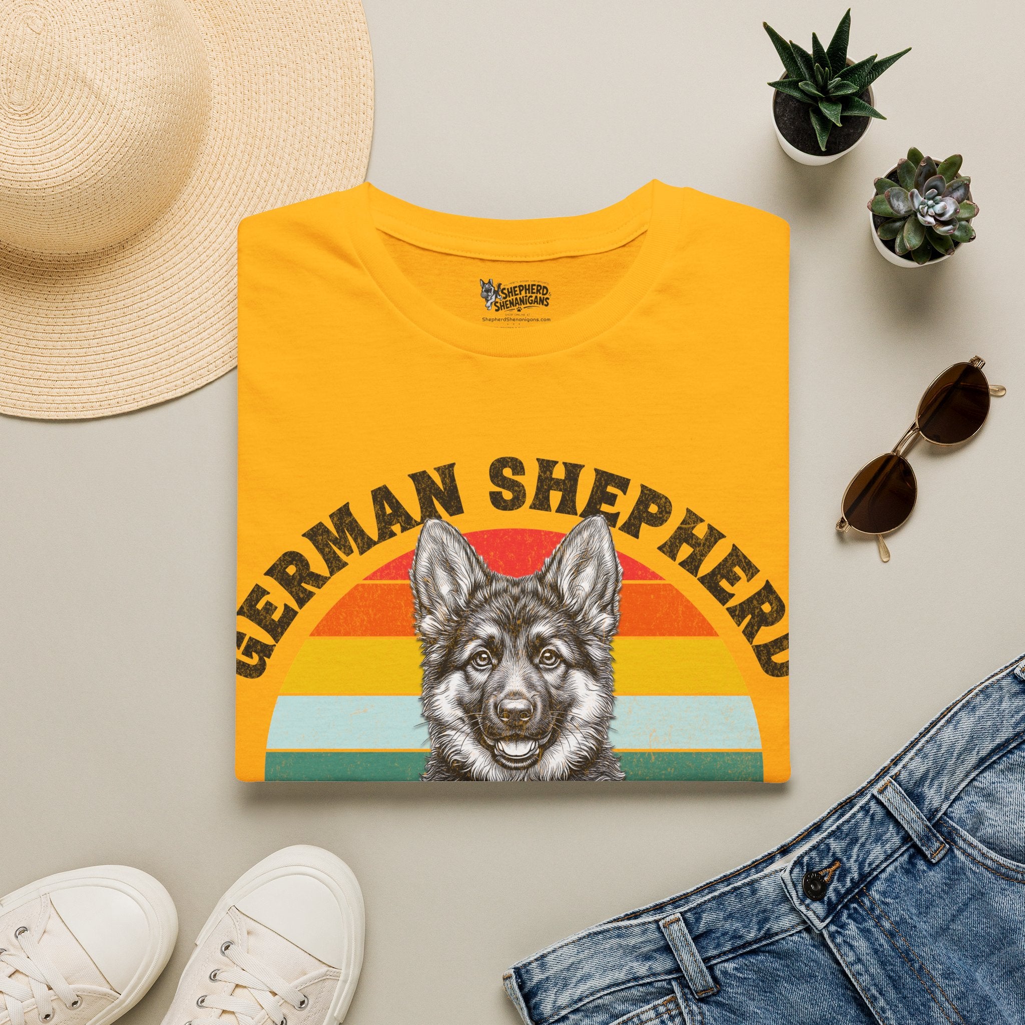 Yellow T-shirt with partial rainbow German Shepherd puppy face graphic on the front