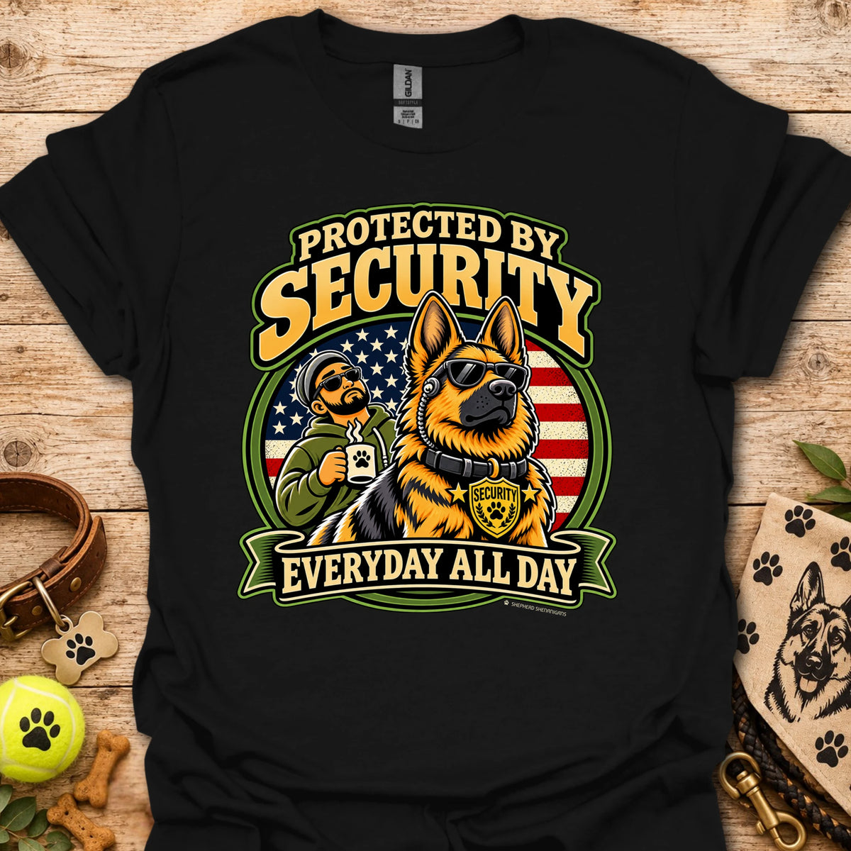 Black Protected By Security T-shirt with security dog and handler graphic