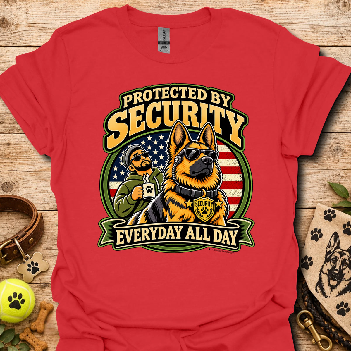 Red Protected By Security T-shirt with security dog and handler graphic