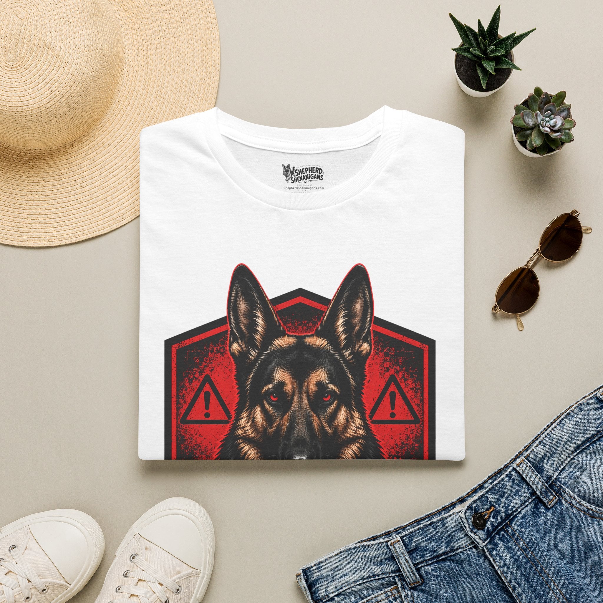 White t-shirt with front German shepherd graphic in red and black