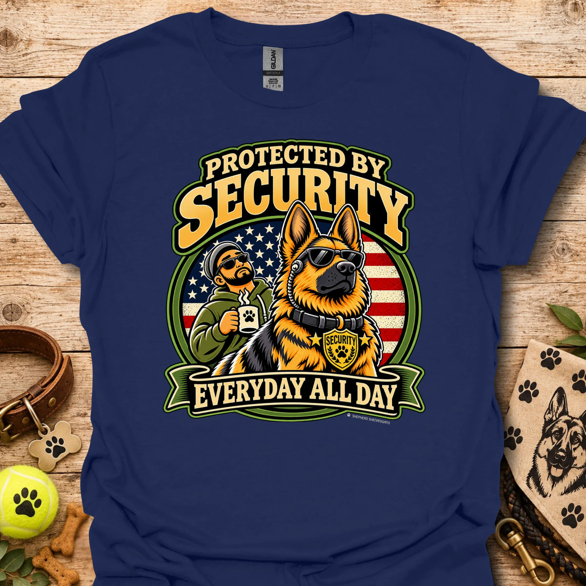 Navy Protected By Security T-shirt with security dog and handler graphic