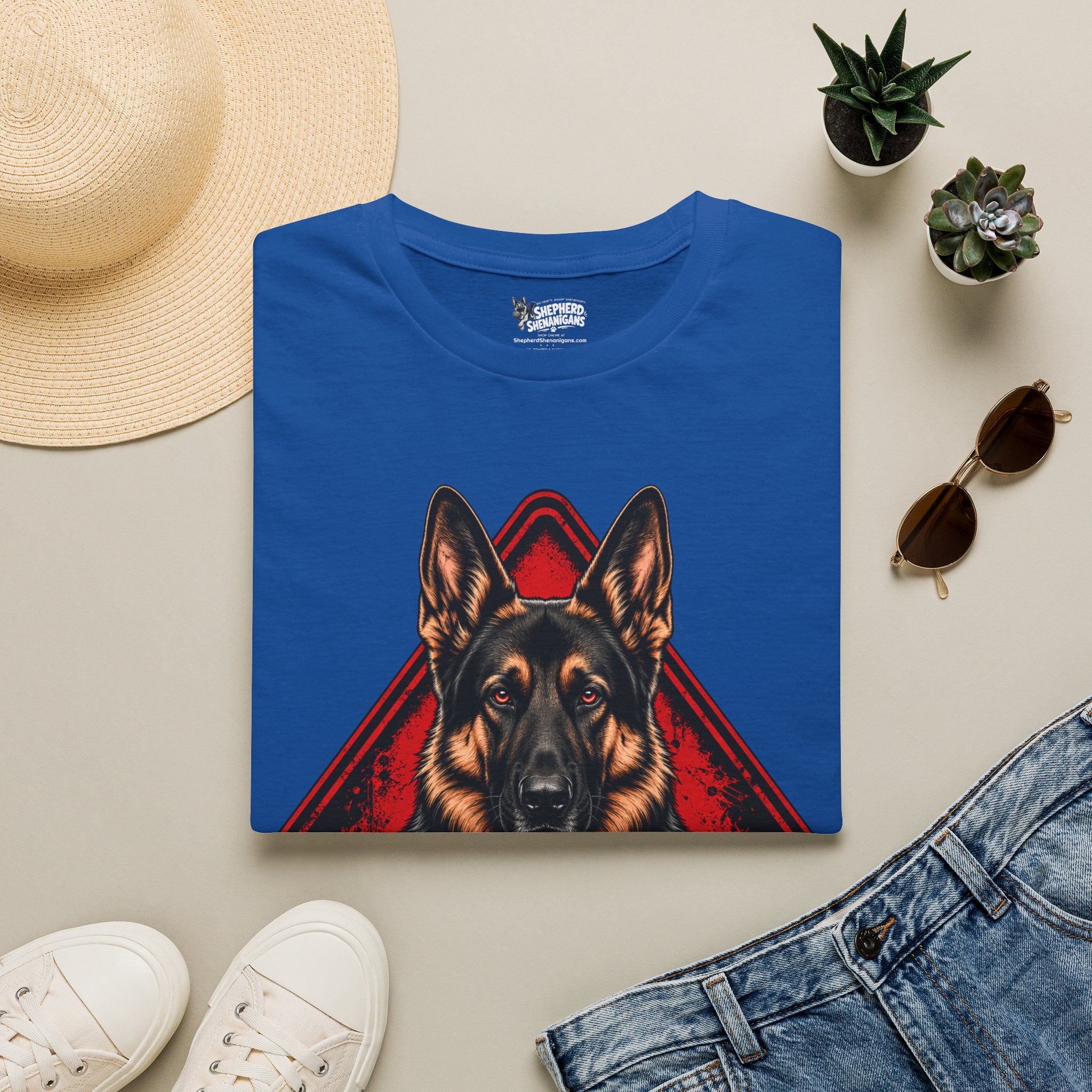 Royal blue t-shirt with front German shepherd graphic in red and black