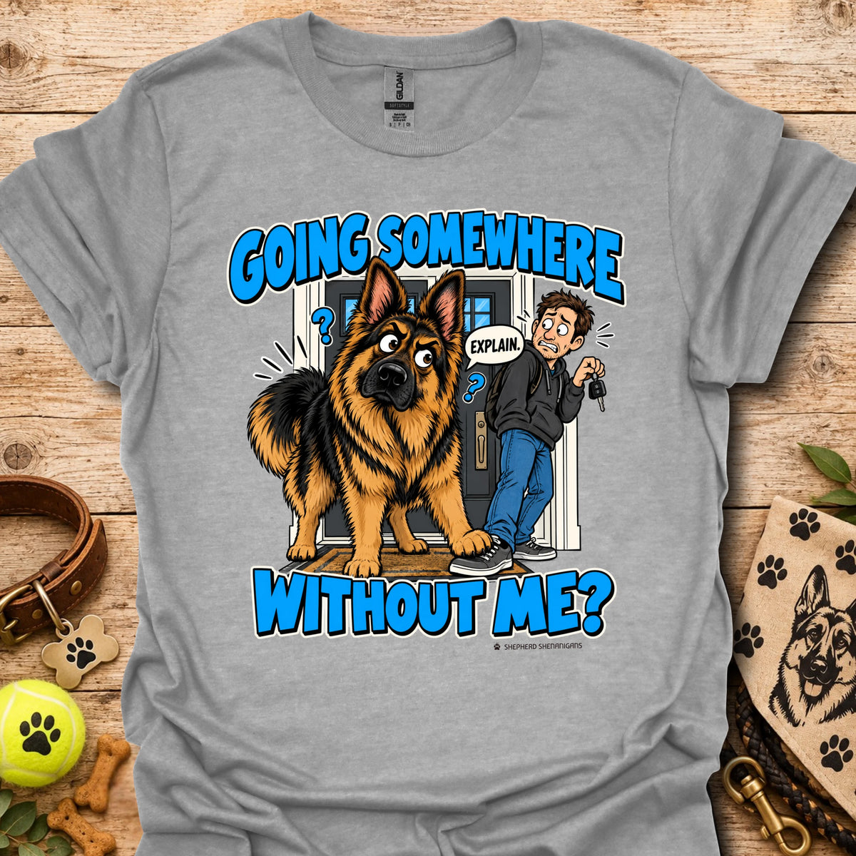 Sport gray T-shirt with a German shepherd and man graphic and blue lettering