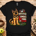 Graphic dog t-shirt in black, front print of a sitting German shepherd dog