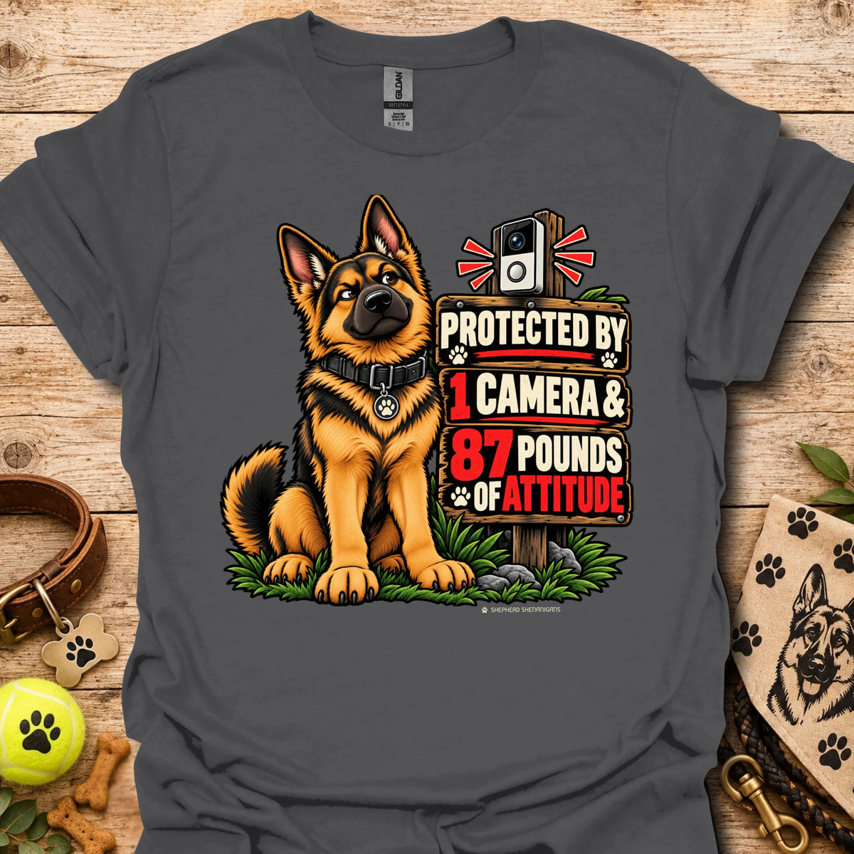 Graphic dog t-shirt in dark gray, front print of a sitting German shepherd dog