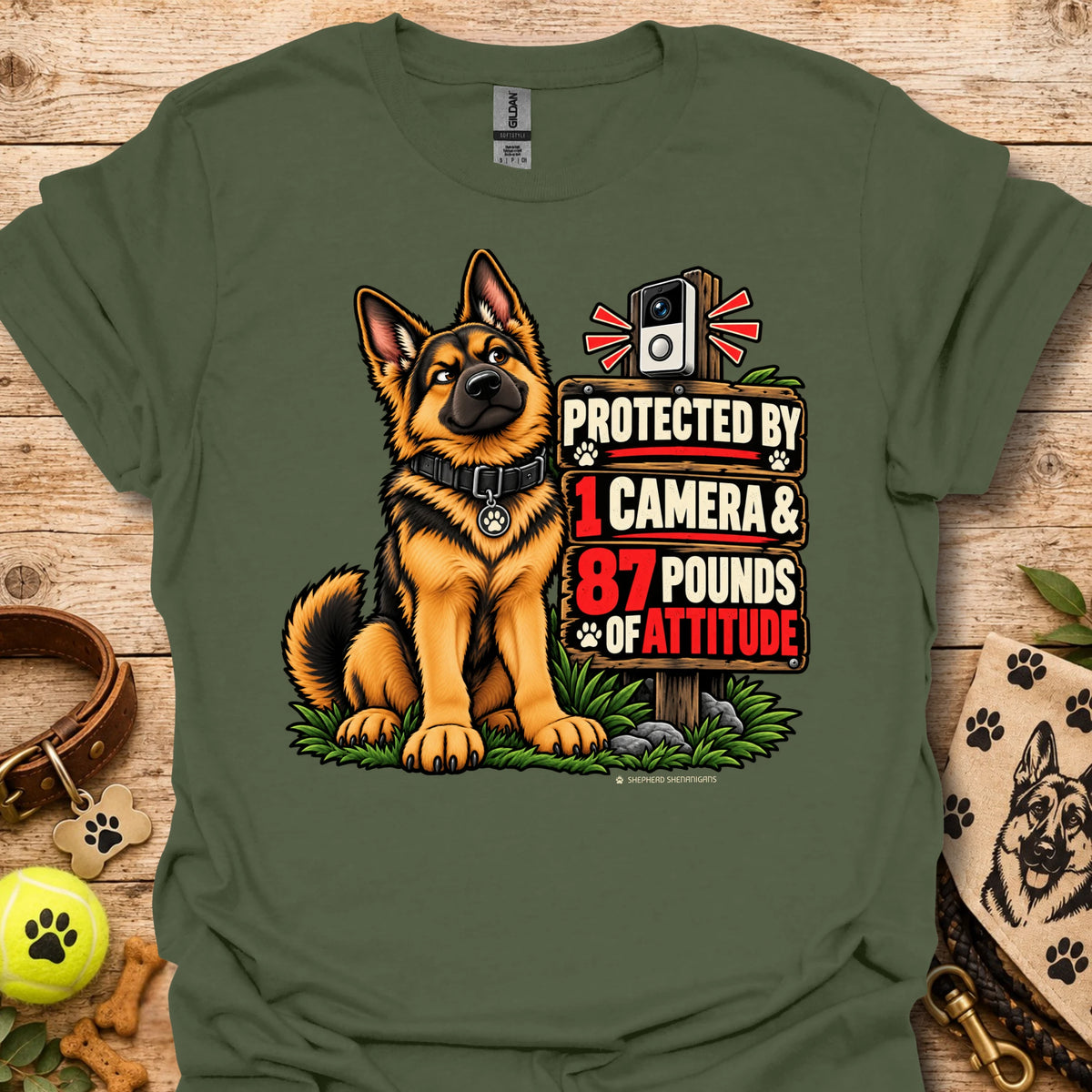 Graphic dog t-shirt in military green, front print of a sitting German shepherd dog