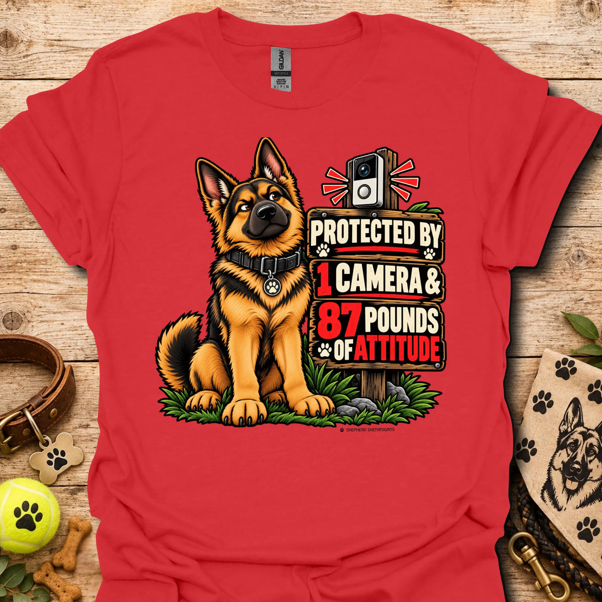 Graphic dog t-shirt in red, front print of a sitting German shepherd dog