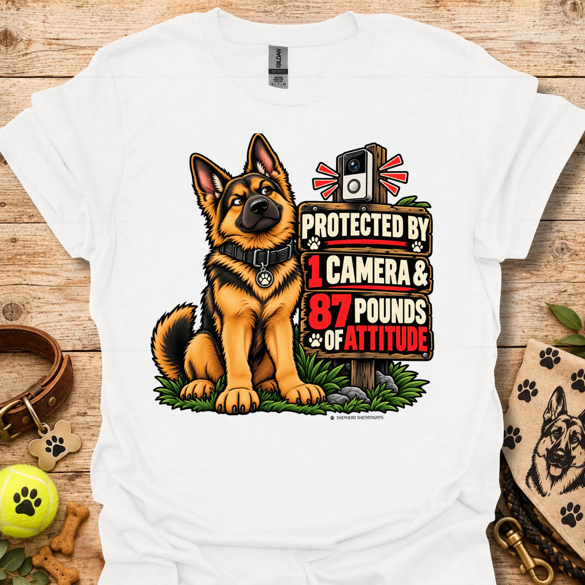 Graphic dog t-shirt in white, front print of a sitting German shepherd dog