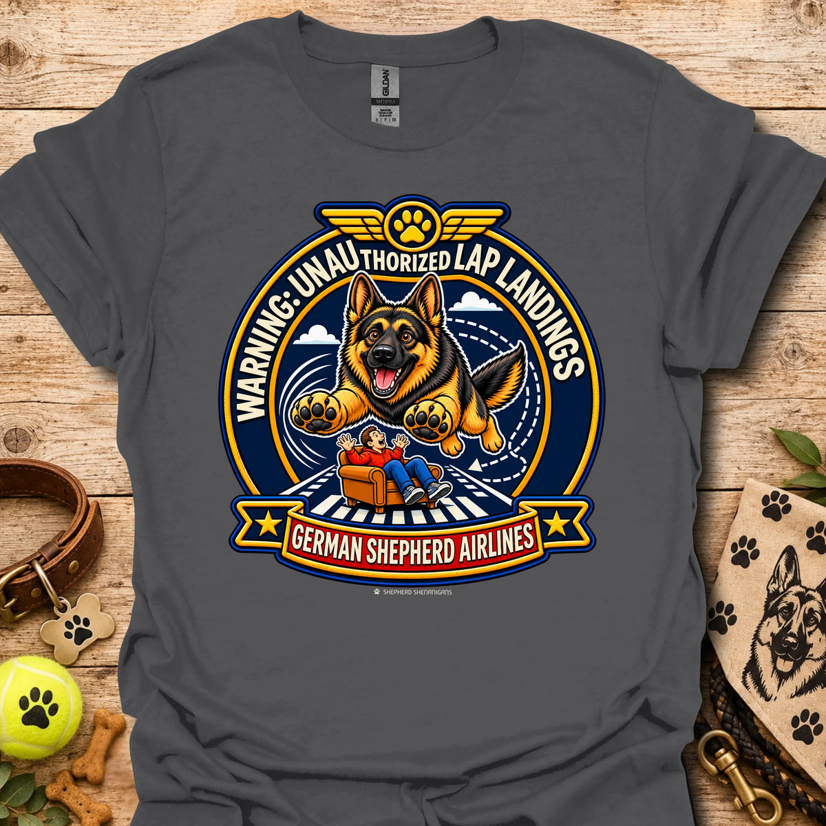 Charcoal T-shirt with a German shepherd airline badge graphic and lap-landing warning