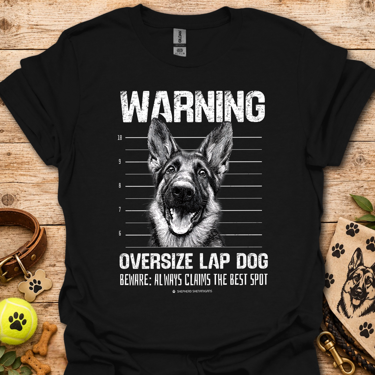 Dog graphic warning T-shirt, black with German shepherd portrait print