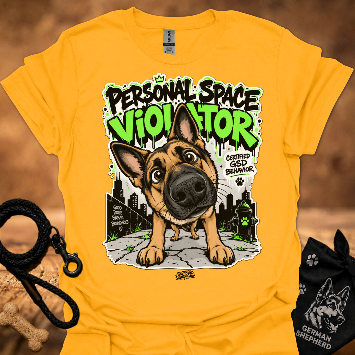Gold t-shirt with neon German shepherd front graphic