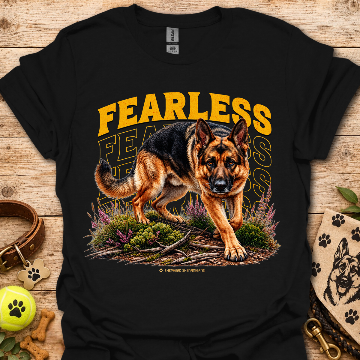 Black Fearless dog graphic T-shirt with bold yellow 'FEARLESS' text front print