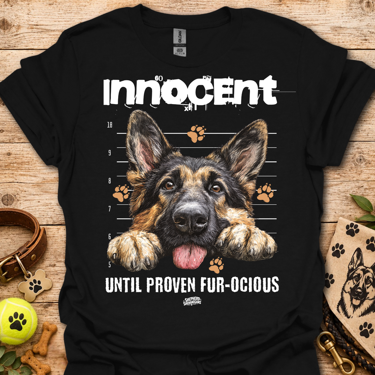 Black T-shirt with German shepherd graphic and "Until Proven Fur-ocious" slogan