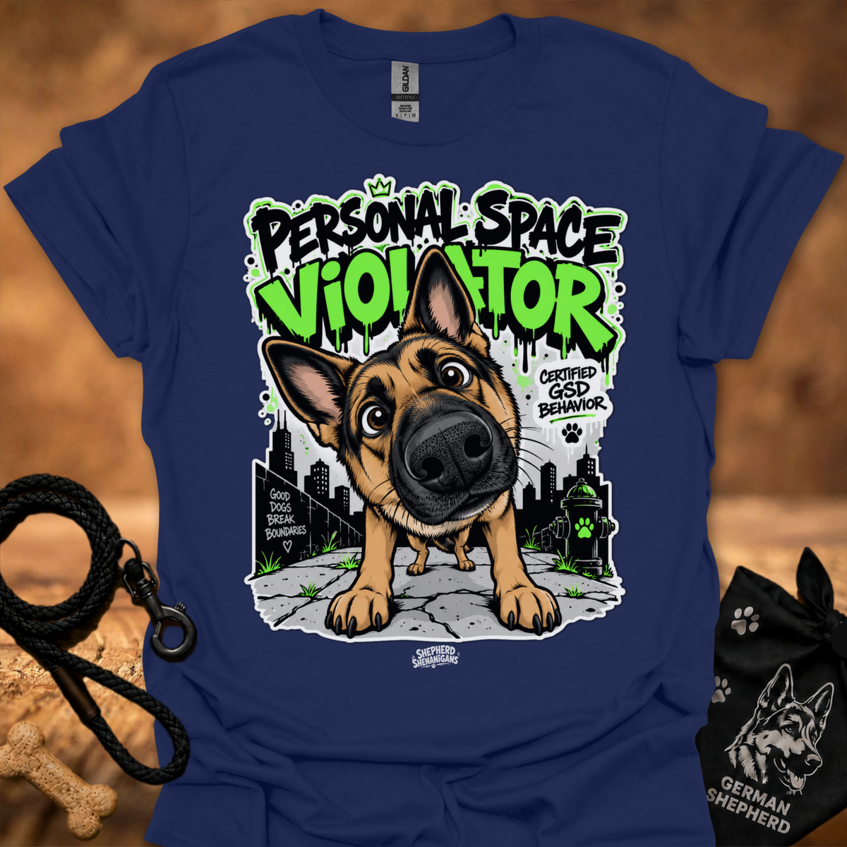 Heather indigo t-shirt with neon German shepherd front graphic