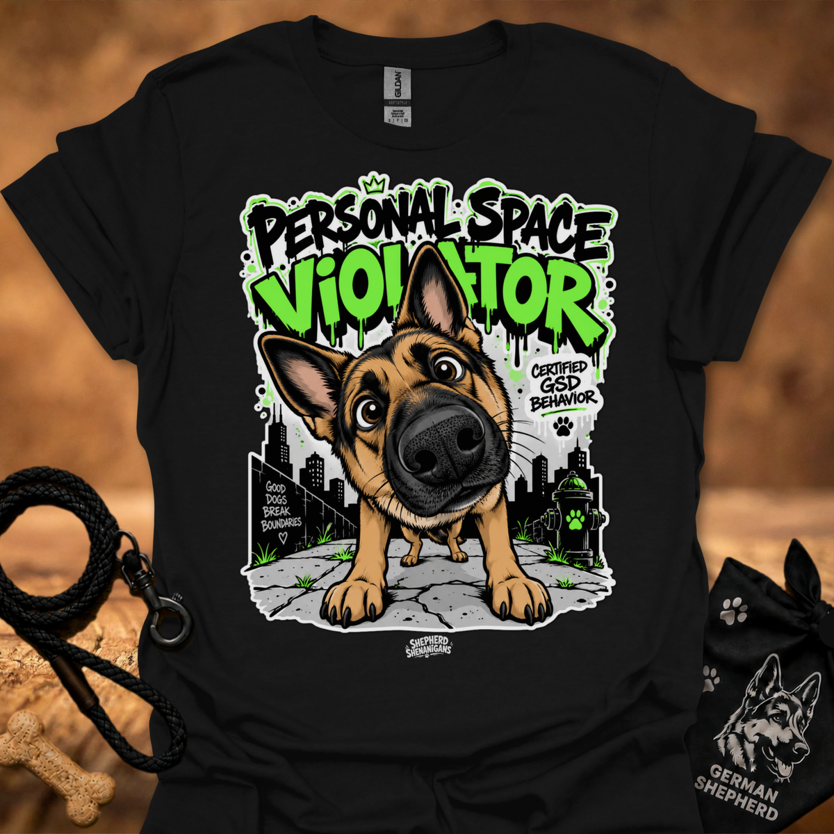 Black t-shirt with neon German shepherd front graphic