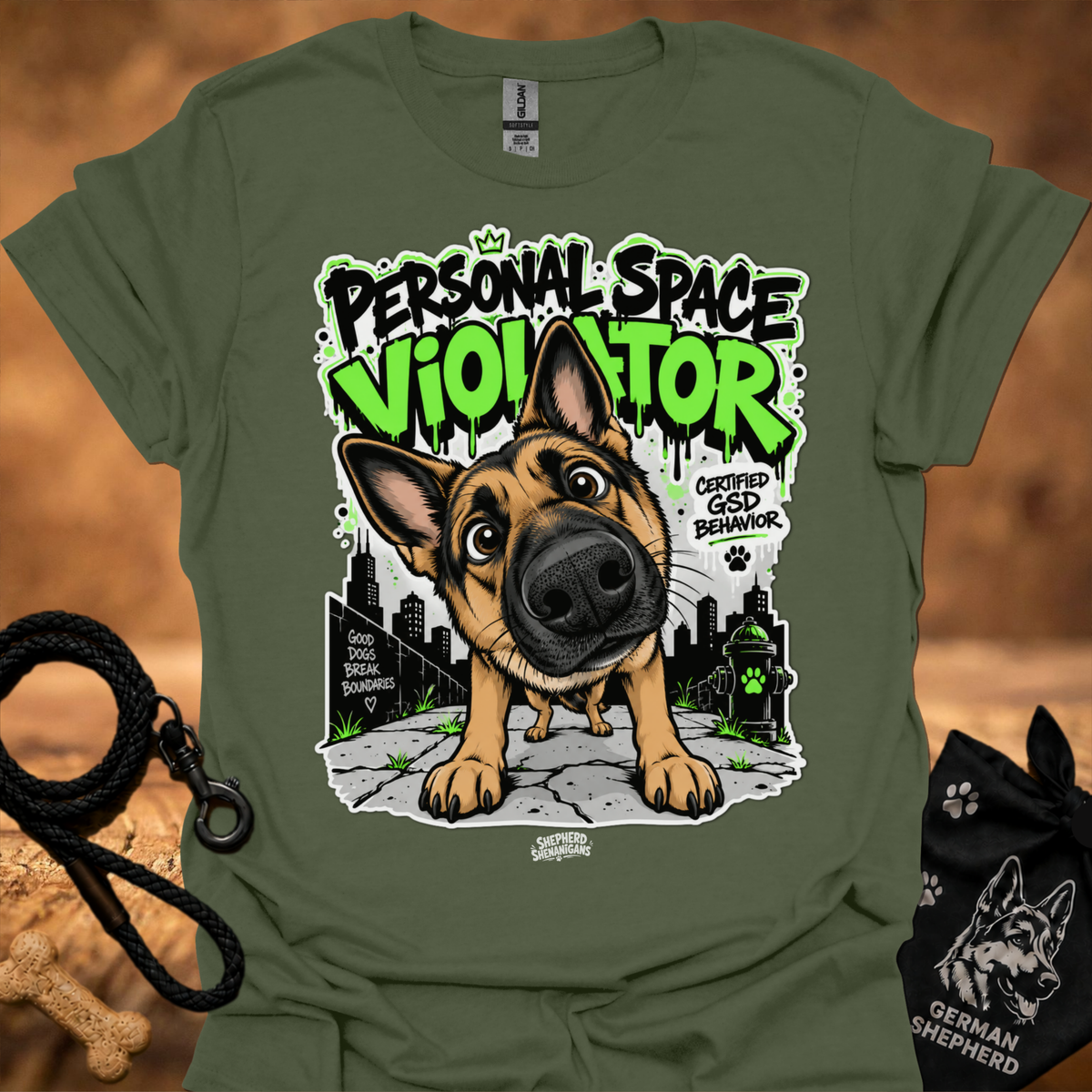 Military green t-shirt with neon German shepherd front graphic