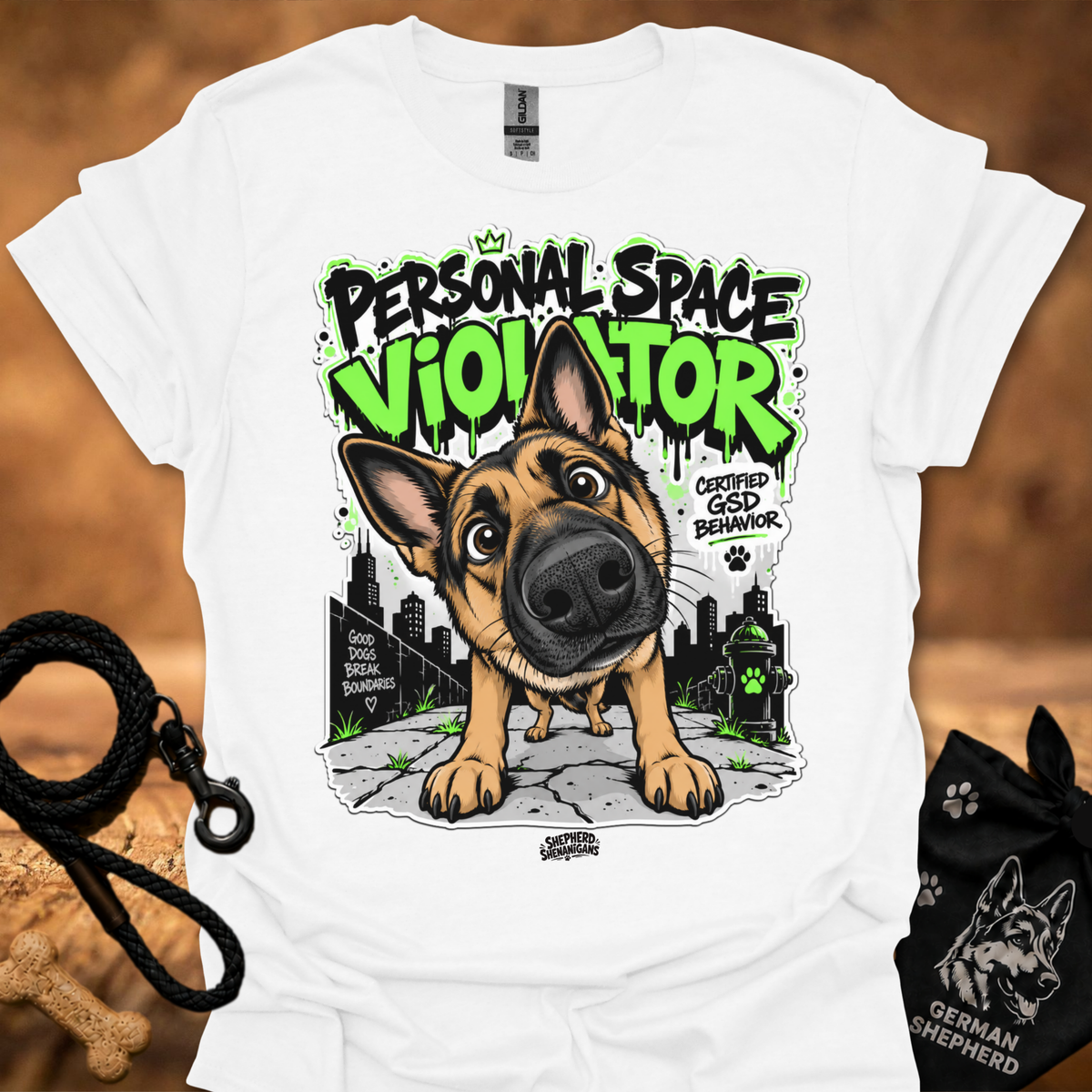 White t-shirt with neon German shepherd front graphic