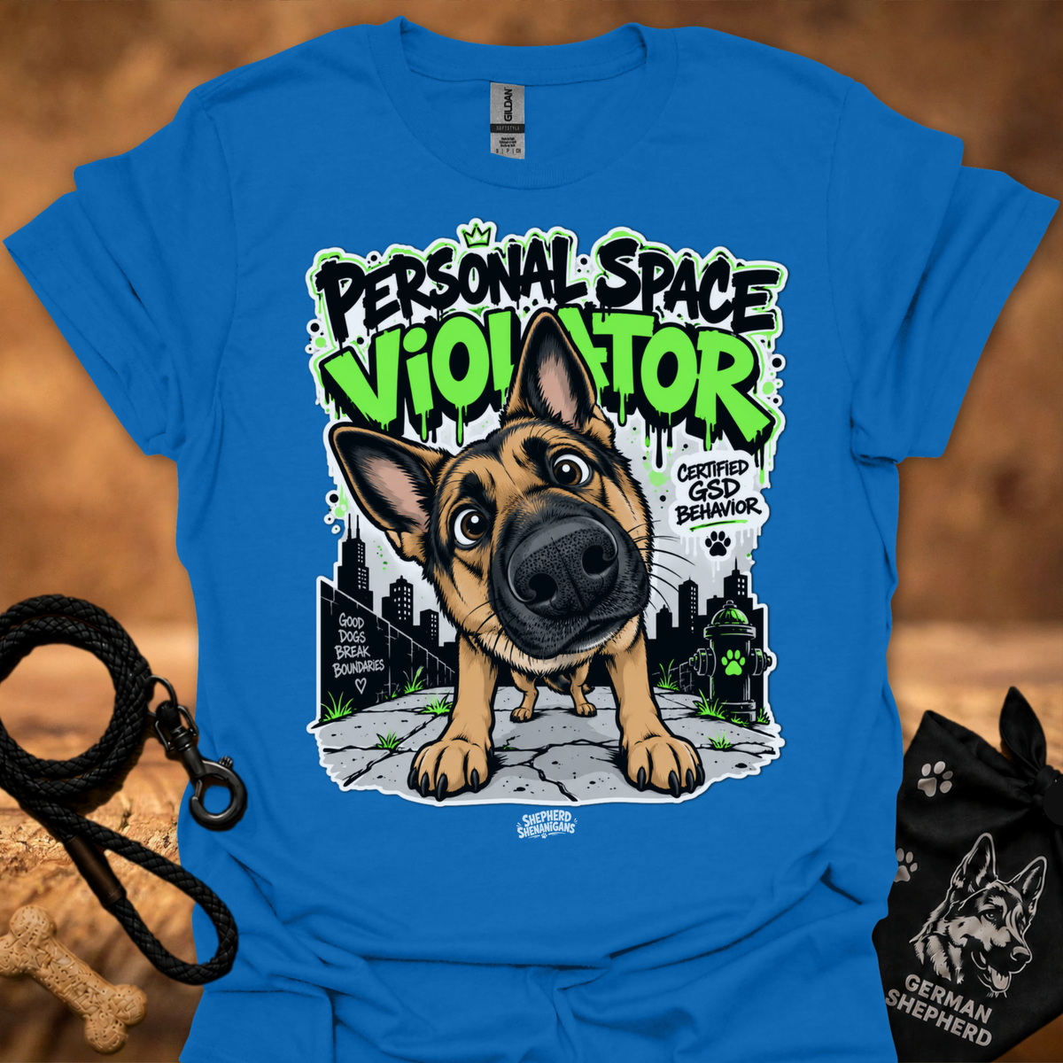 Royal blue t-shirt with neon German shepherd front graphic