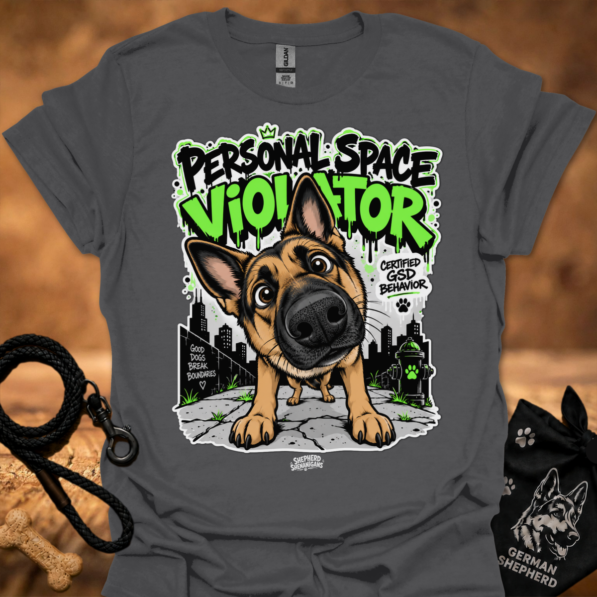 Navy t-shirt with neon German shepherd front graphic
