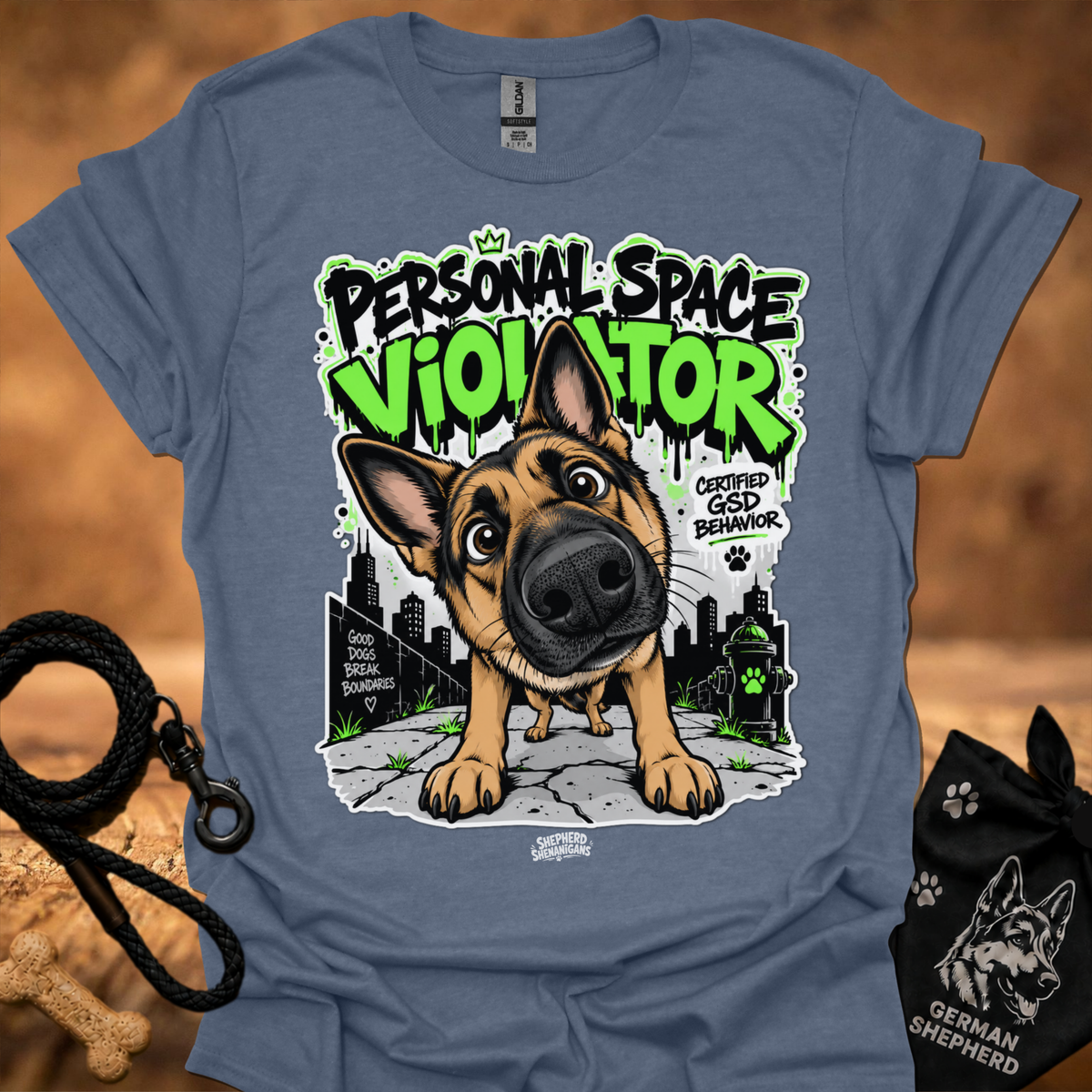 Sport grey t-shirt with neon German shepherd front graphic