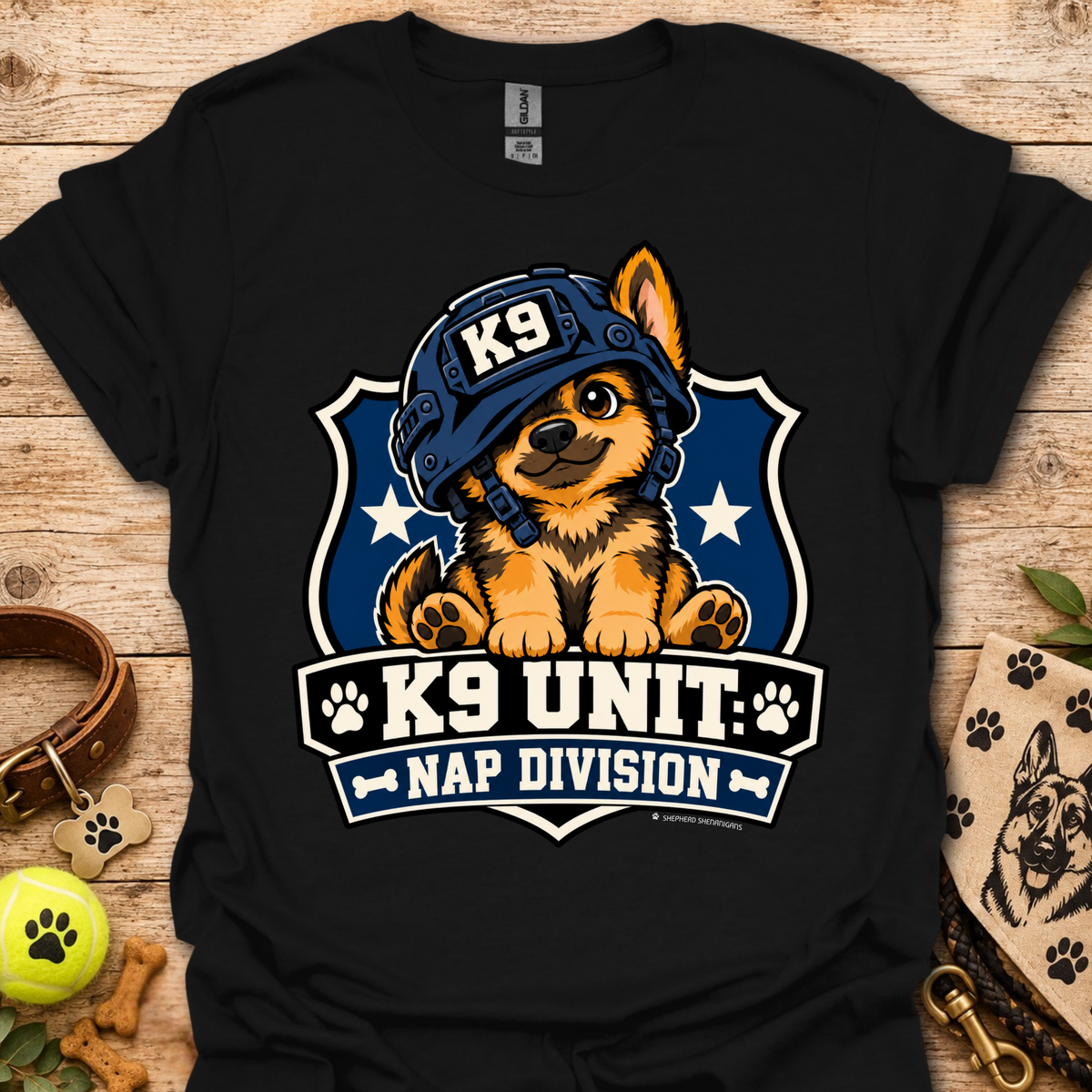 Black T-shirt with K9 Unite Nap Division dog graphic on the front.
