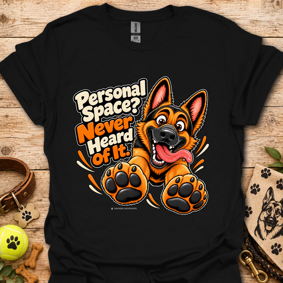 Black crew-neck graphic T-shirt with German shepherd and paw print design