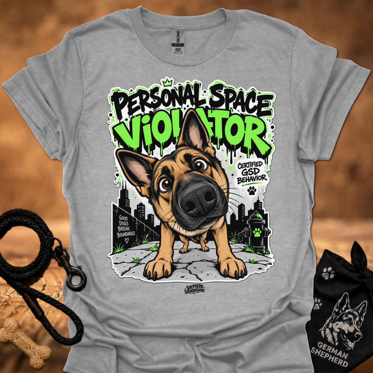 Charcoal grey t-shirt with neon German shepherd front graphic