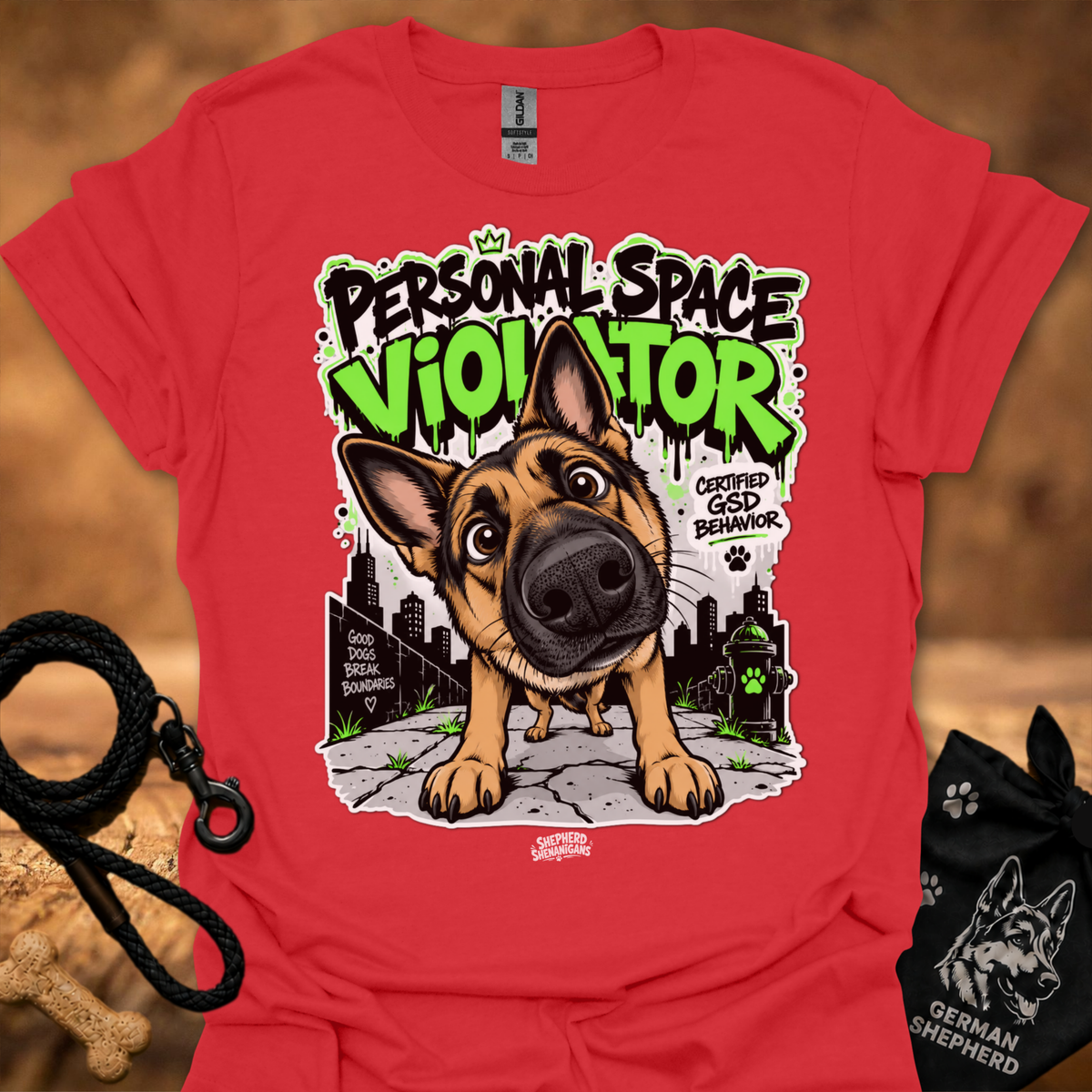Red t-shirt with neon German shepherd front graphic