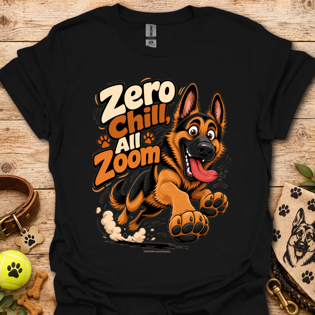 Black crew-neck T-shirt with German shepherd cartoon graphic and paw prints