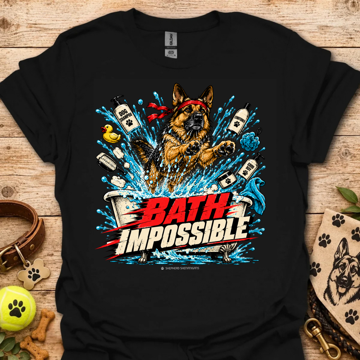 Graphic dog bath T-shirt in black with colorful splash and dog portrait text graphic