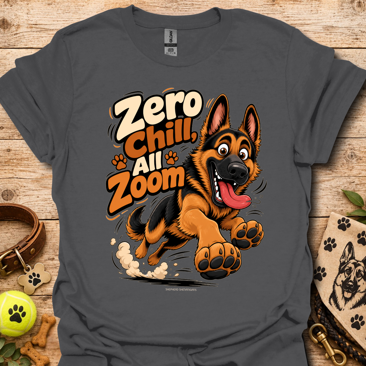 Charcoal gray crew-neck T-shirt with German shepherd cartoon graphic and paw prints