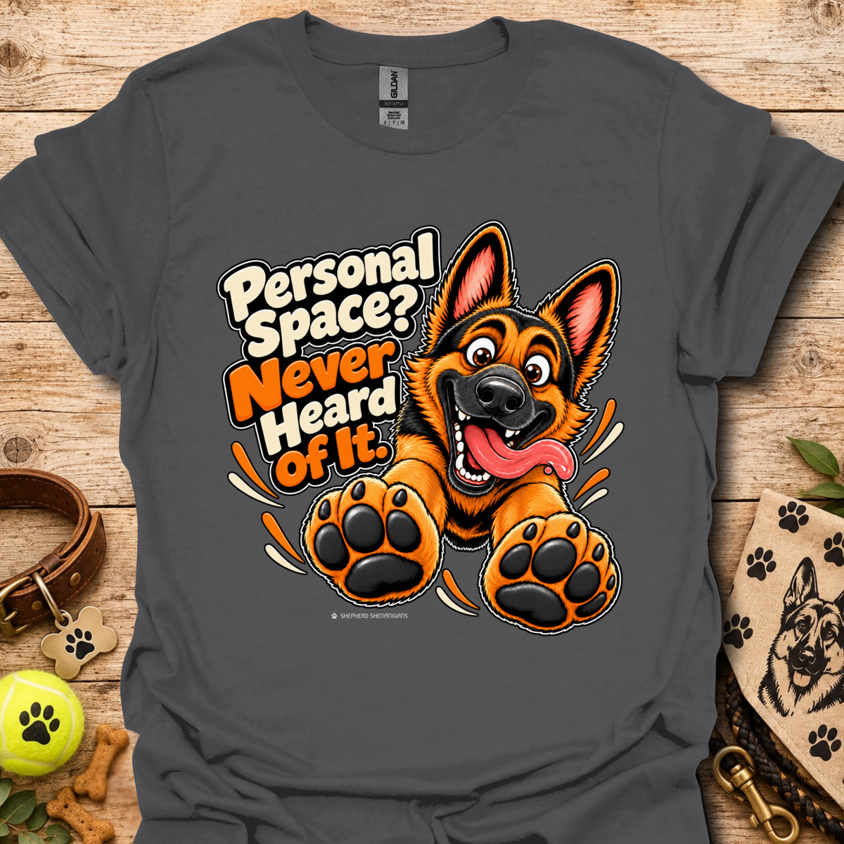 Charcoal crew-neck graphic T-shirt with German shepherd and paw print design