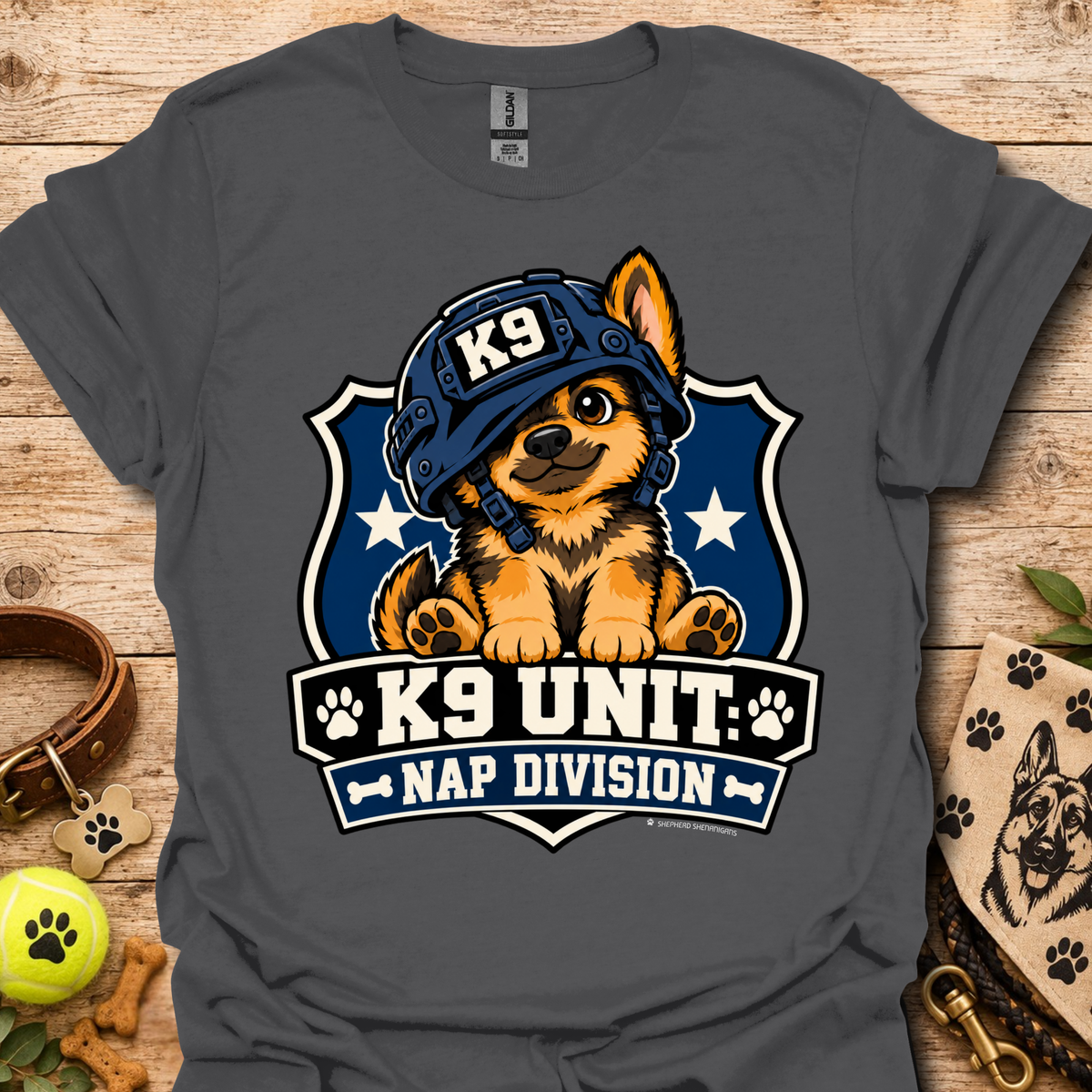 Charcoal gray T-shirt with K9 Unite Nap Division dog graphic on the front.