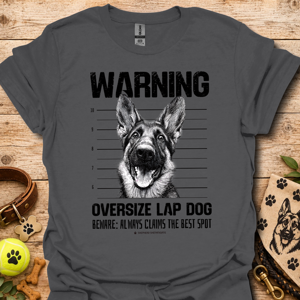 Dog graphic warning T-shirt, charcoal with German shepherd portrait print