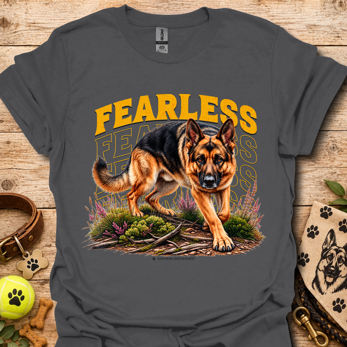 Charcoal gray Fearless dog graphic T-shirt with bold yellow 'FEARLESS' front print
