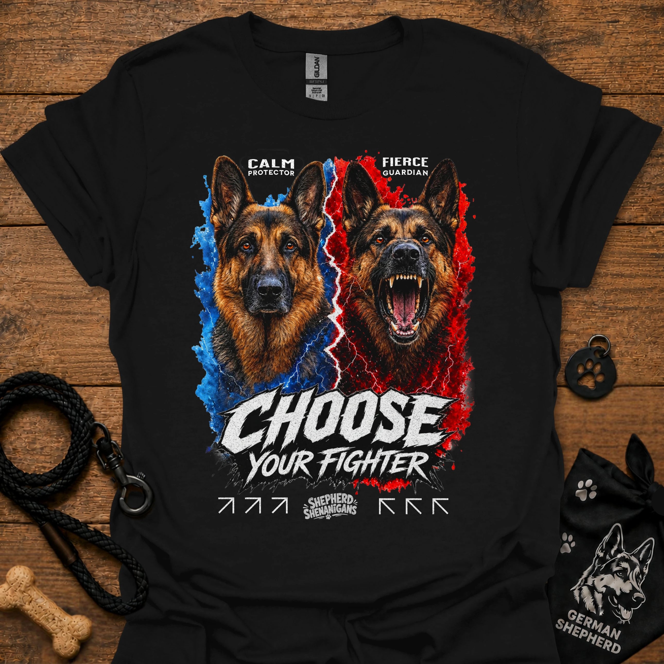 Black T-shirt with German shepherd graphic and “Choose Your Fighter” text