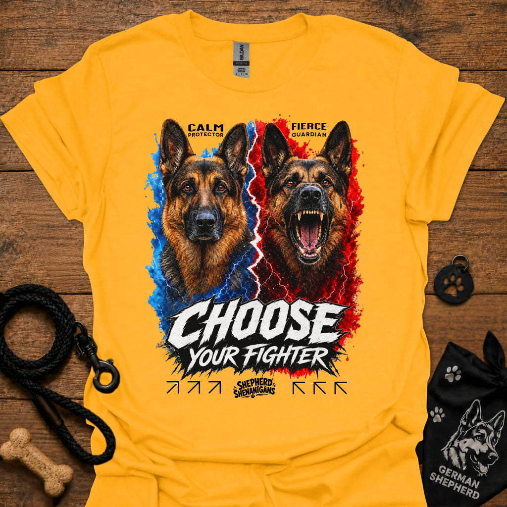 Yellow T-shirt with German shepherd graphic and “Choose Your Fighter” text