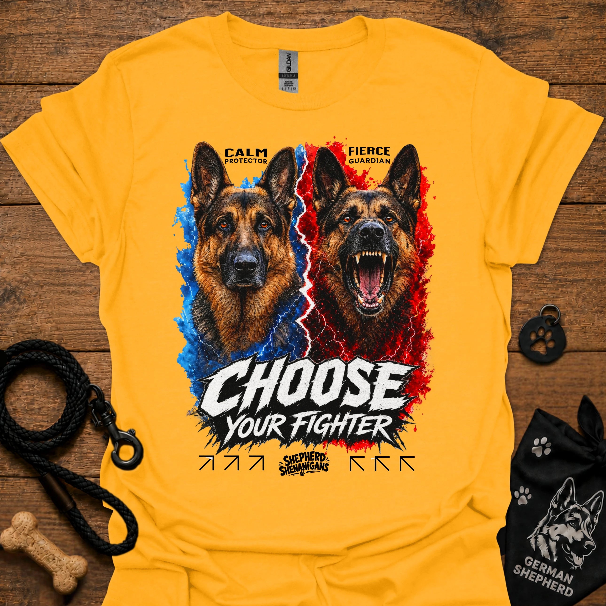 Yellow T-shirt with German shepherd graphic and “Choose Your Fighter” text