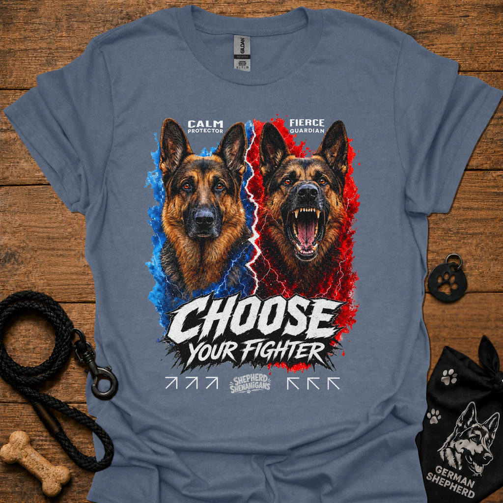 Blue-gray T-shirt with German shepherd graphic and “Choose Your Fighter” text